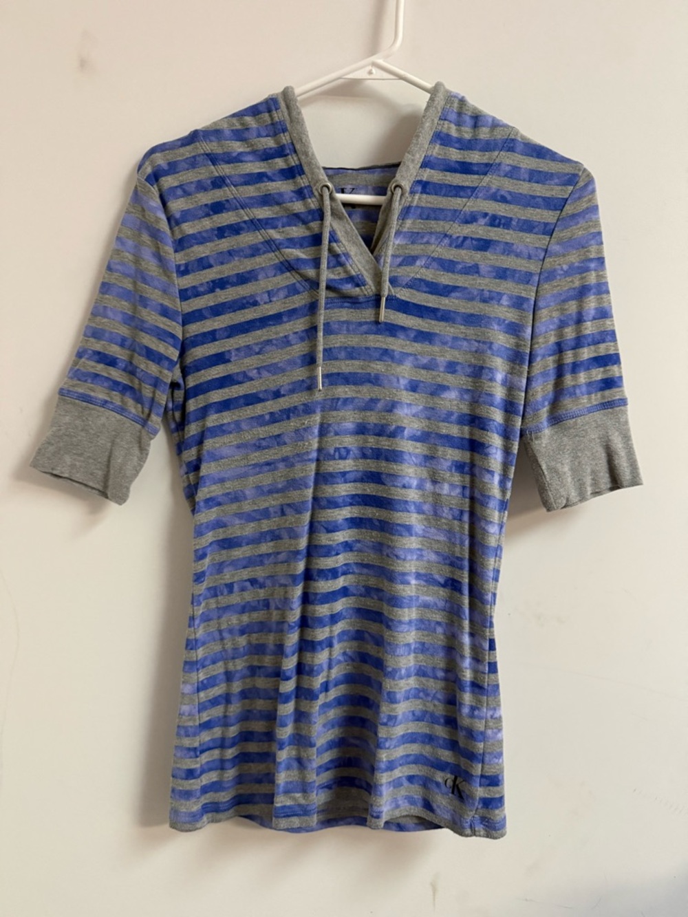 Calvin Klein Striped Short-Sleeve Hooded Tee in Blue and Gray